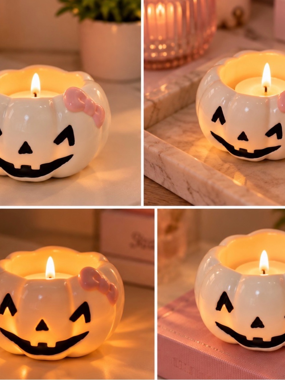 Cute White Ceramic Pumpkin Tealight Holder with Pink Bow
